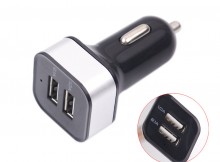 High Output Dual USB Ports Car Charger with Square Base- Black + Silver SKU: MCH-11698