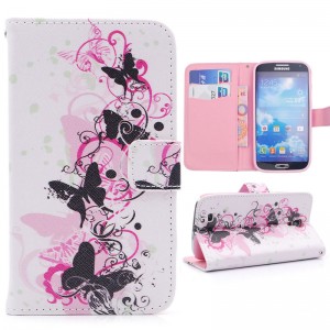 Wholesale PU Leather Wallet Stand Flip Case with Butterflies for Samsung S4