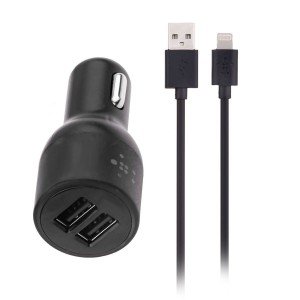 Belkin 2.1A Dual USB Car Charger + 1.2m Lightning iPhone 8pin Data Cable - Black