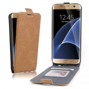 Vertical Up and Down Open Flip PU Leather Phone Case Cover with Card Slots for Samsung Galaxy S7 Edge - Brown